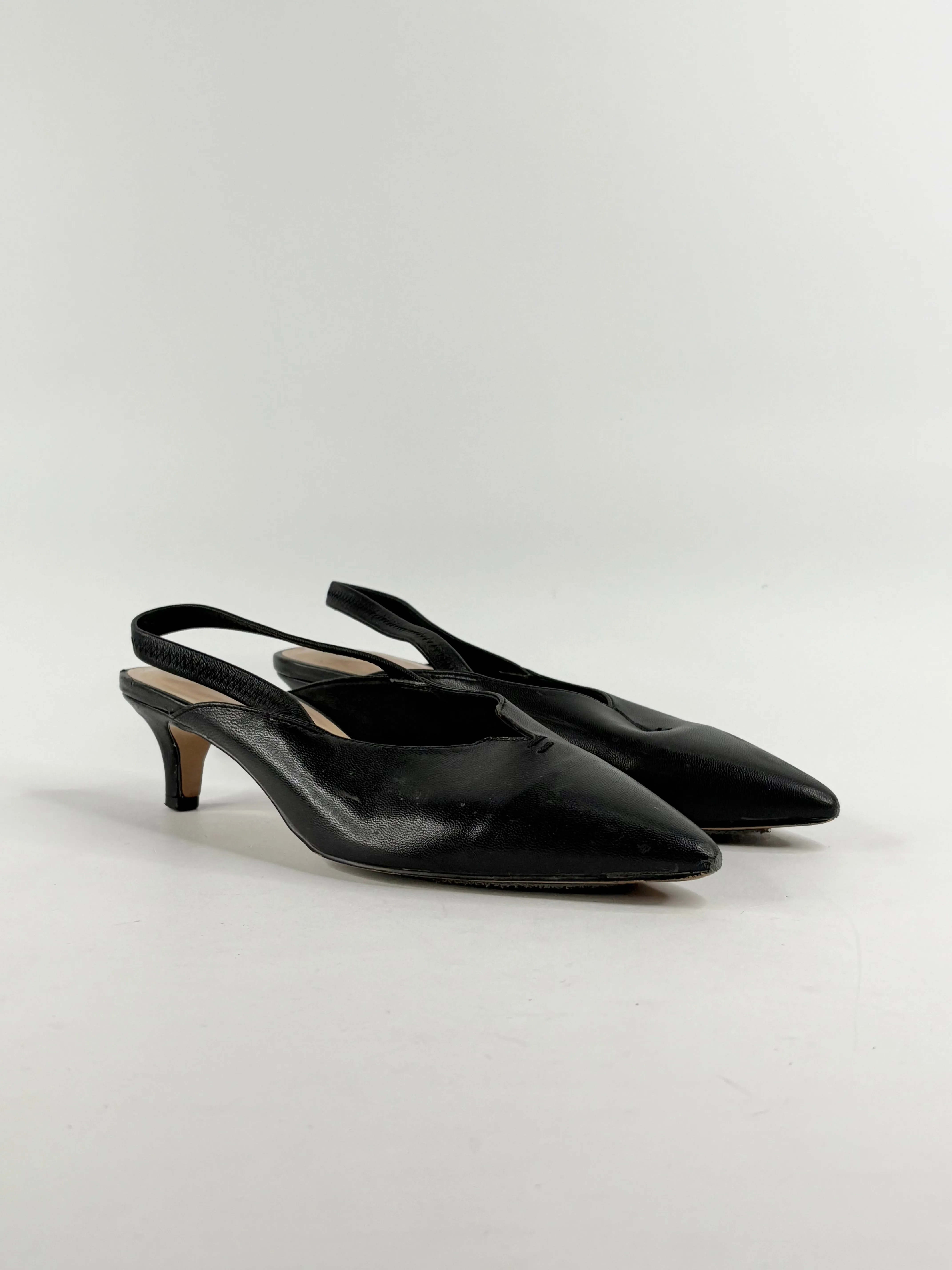 Mi Piaci Black Leather Point-Toe Slingback Mule Pumps - EU38