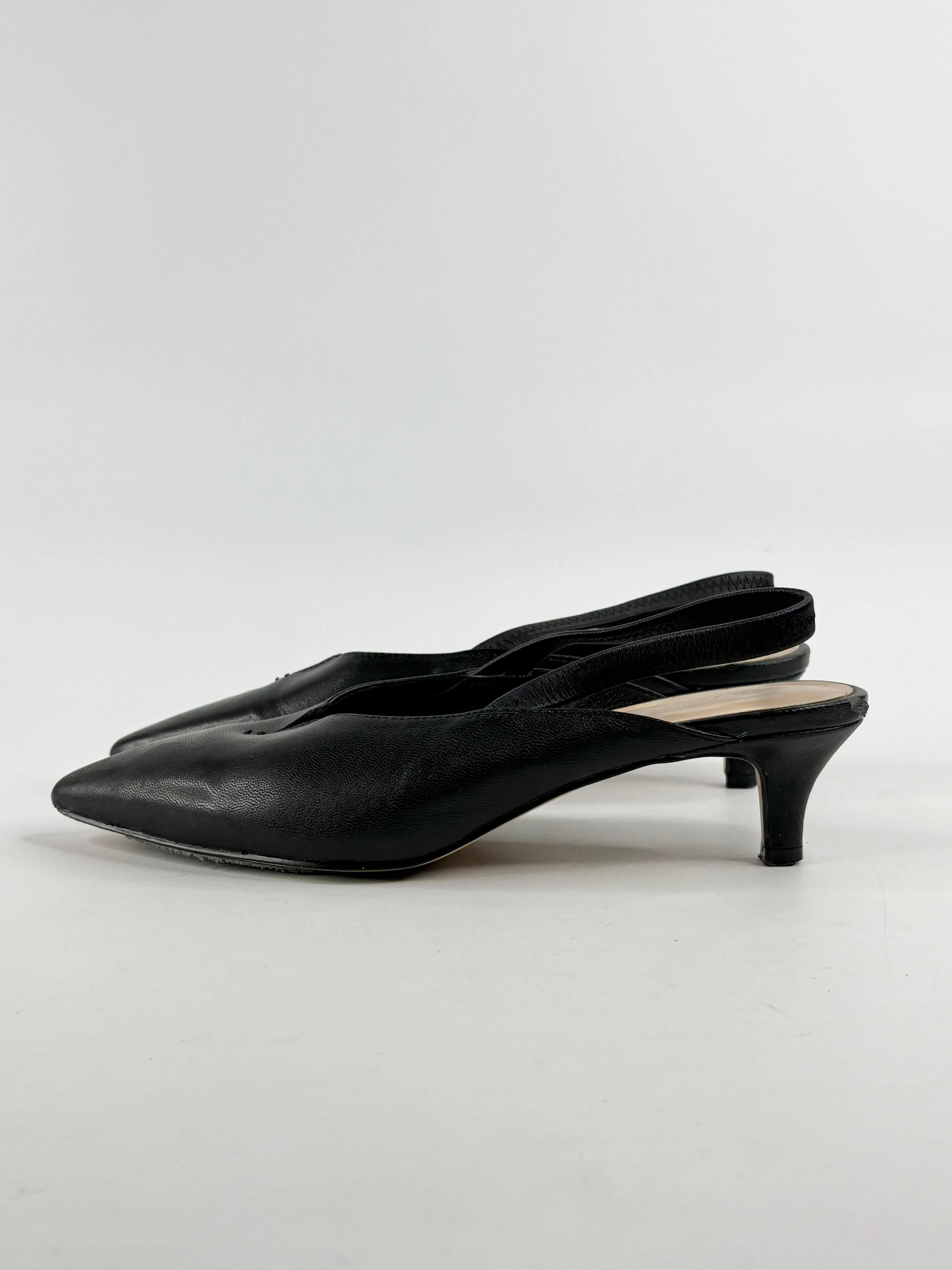 Mi Piaci Black Leather Point-Toe Slingback Mule Pumps - EU38