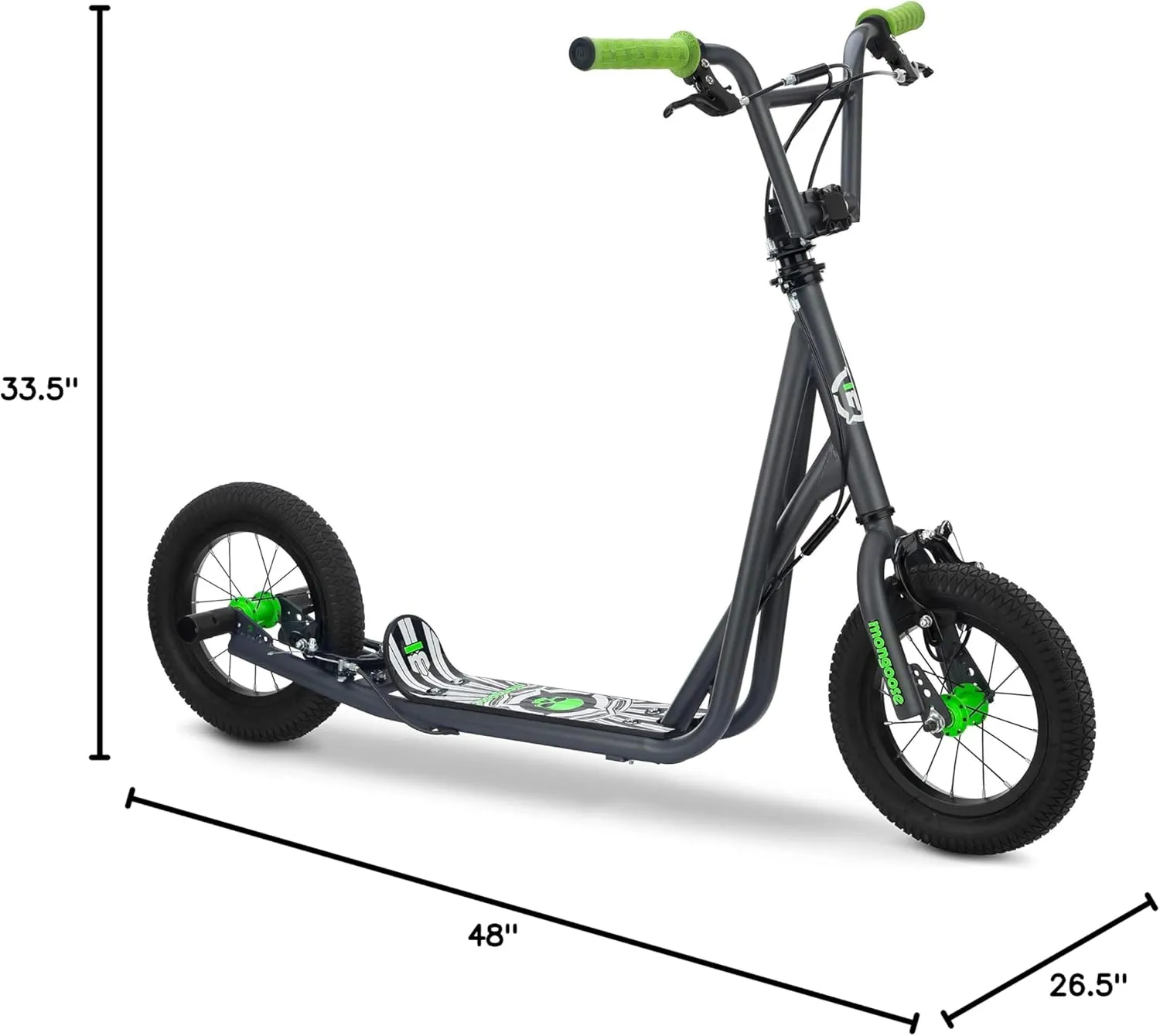 Mongoose Expo Kick Scooter, BMX-Style Handlebar & Brake Cable Rotor, Wide Foot Deck for Kids Youth Boys Girls Ages 6 and Up, Rear Axle Pegs, 12-Inch Air Tires, and Max. Weight of 175 lbs.