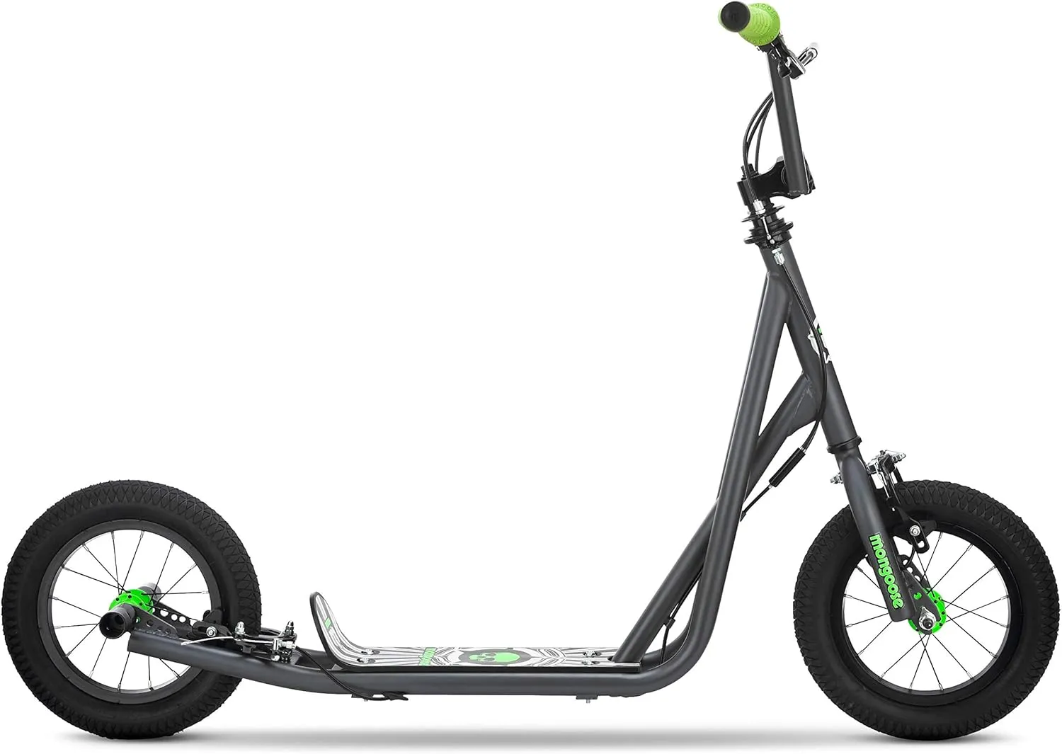 Mongoose Expo Kick Scooter, BMX-Style Handlebar & Brake Cable Rotor, Wide Foot Deck for Kids Youth Boys Girls Ages 6 and Up, Rear Axle Pegs, 12-Inch Air Tires, and Max. Weight of 175 lbs.