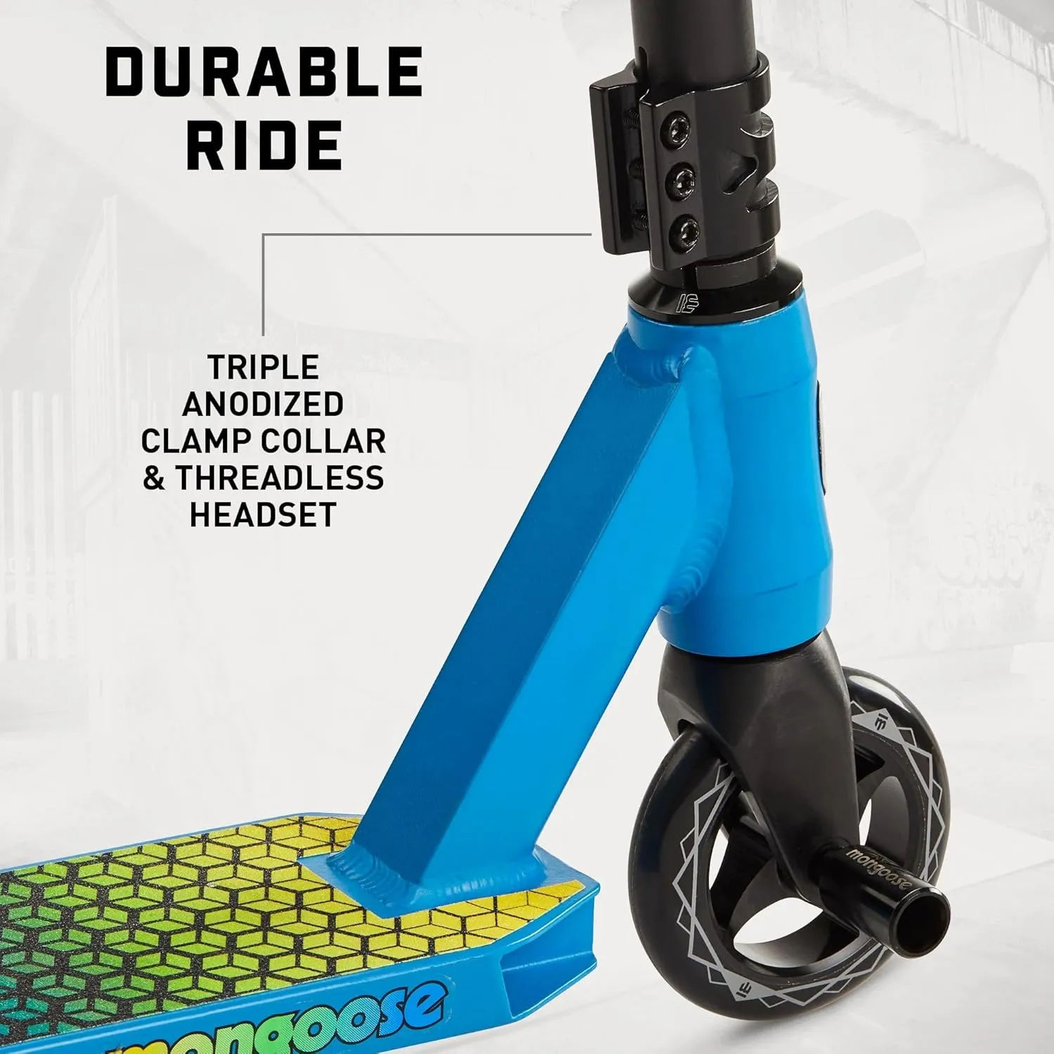 Mongoose Rise Freestyle Stunt Trick Scooter, For Kids Youth Adult Men Women Ages 8 Up, Lightweight Alloy Deck & Heavy-Duty Frame Up to 220 lbs., Bike-Style Grip, T-Bar Handlebar and High Impact Wheels