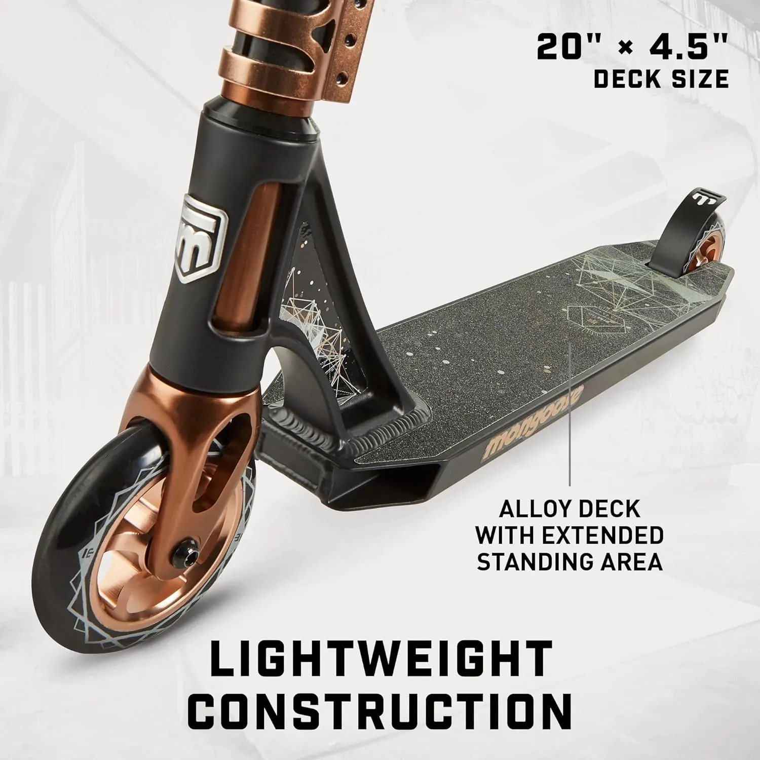 Mongoose Rise Freestyle Stunt Trick Scooter, For Kids Youth Adult Men Women Ages 8 Up, Lightweight Alloy Deck & Heavy-Duty Frame Up to 220 lbs., Bike-Style Grip, T-Bar Handlebar and High Impact Wheels