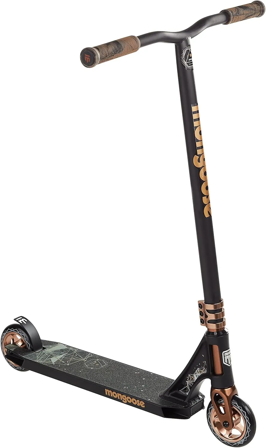 Mongoose Rise Freestyle Stunt Trick Scooter, For Kids Youth Adult Men Women Ages 8 Up, Lightweight Alloy Deck & Heavy-Duty Frame Up to 220 lbs., Bike-Style Grip, T-Bar Handlebar and High Impact Wheels