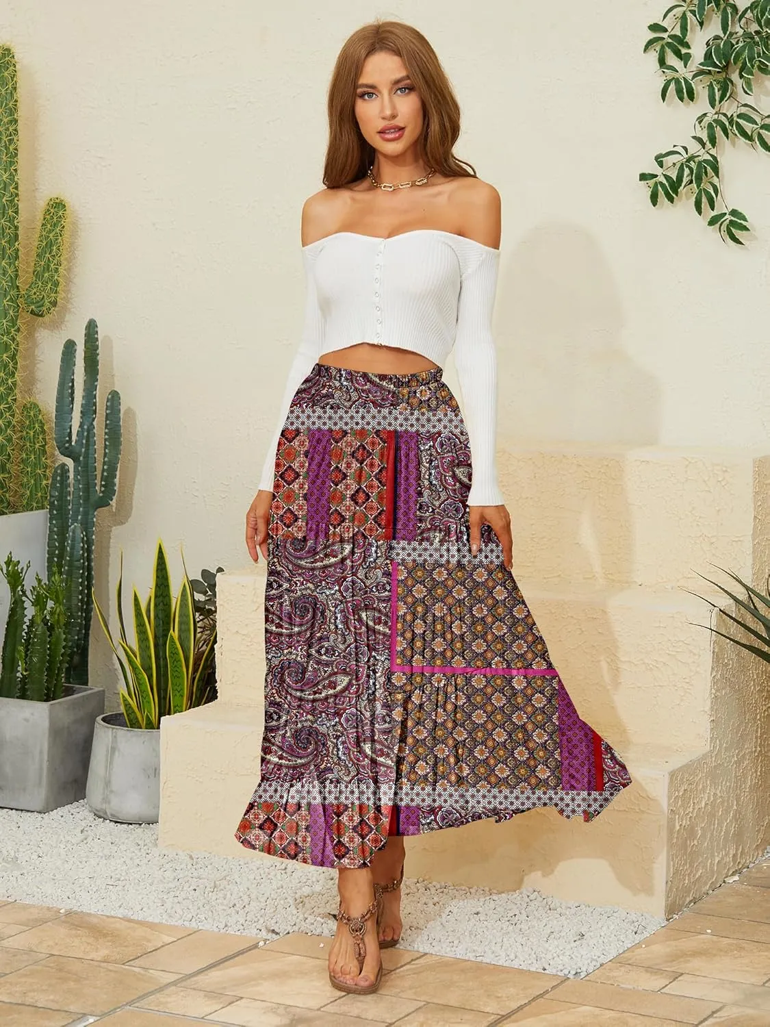 NASHALYLY Women's Chiffon Elastic High Waist Pleated A-Line Flared Maxi Skirts