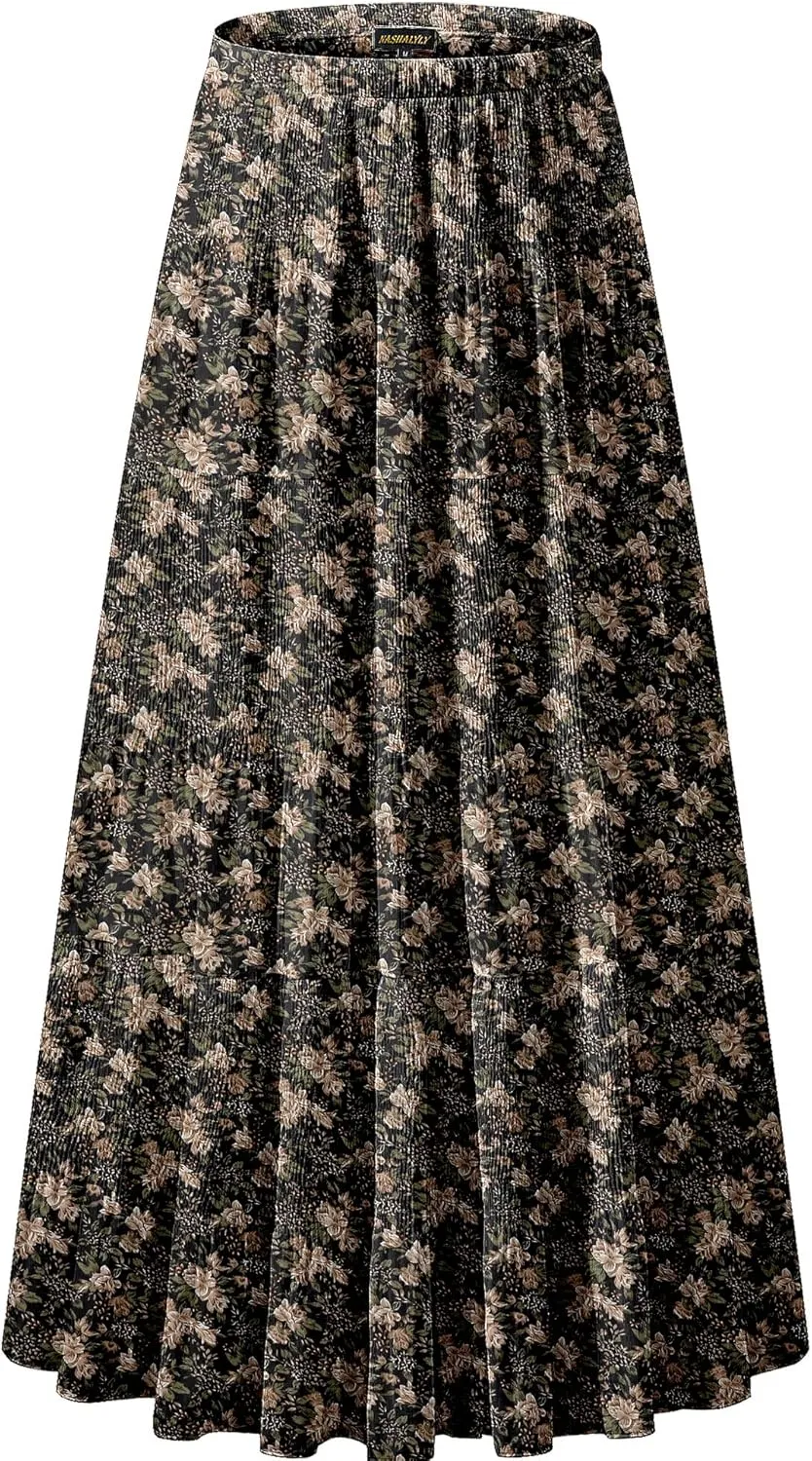 NASHALYLY Women's Chiffon Elastic High Waist Pleated A-Line Flared Maxi Skirts
