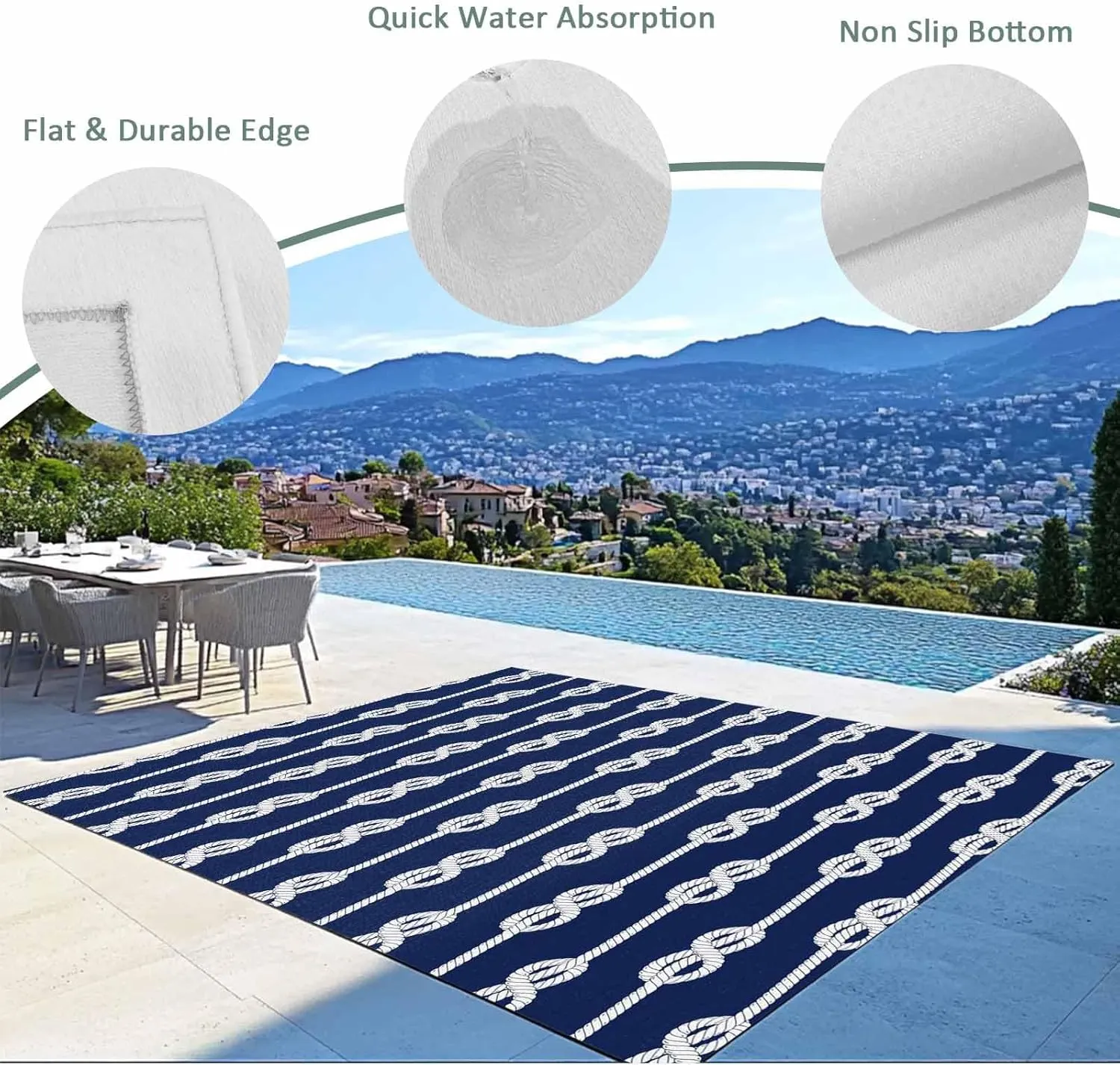 Navy Blue Knot Outdoor Rug 4x6ft Large Patio Rug, Washable RV Camping Outside Area Runner Rug Mat, Nautical Striped Monochrome Ocean Indoor Outdoor Carpet for Picnic Backyard Deck Porch Balcony Beach
