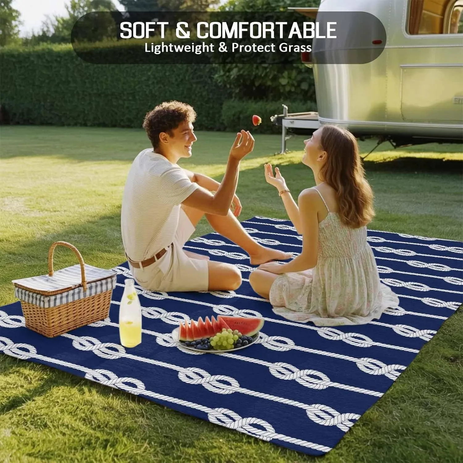 Navy Blue Knot Outdoor Rug 4x6ft Large Patio Rug, Washable RV Camping Outside Area Runner Rug Mat, Nautical Striped Monochrome Ocean Indoor Outdoor Carpet for Picnic Backyard Deck Porch Balcony Beach