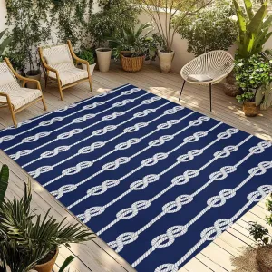 Navy Blue Knot Outdoor Rug 4x6ft Large Patio Rug, Washable RV Camping Outside Area Runner Rug Mat, Nautical Striped Monochrome Ocean Indoor Outdoor Carpet for Picnic Backyard Deck Porch Balcony Beach
