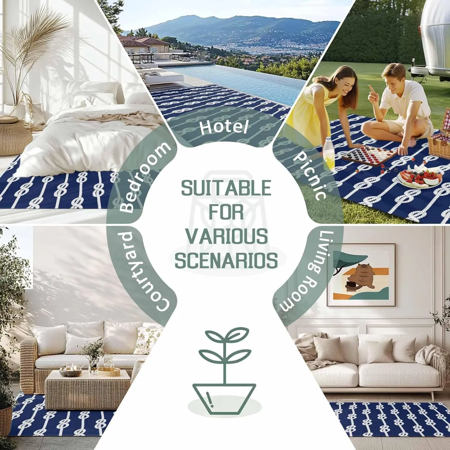 Navy Blue Knot Outdoor Rug 4x6ft Large Patio Rug, Washable RV Camping Outside Area Runner Rug Mat, Nautical Striped Monochrome Ocean Indoor Outdoor Carpet for Picnic Backyard Deck Porch Balcony Beach