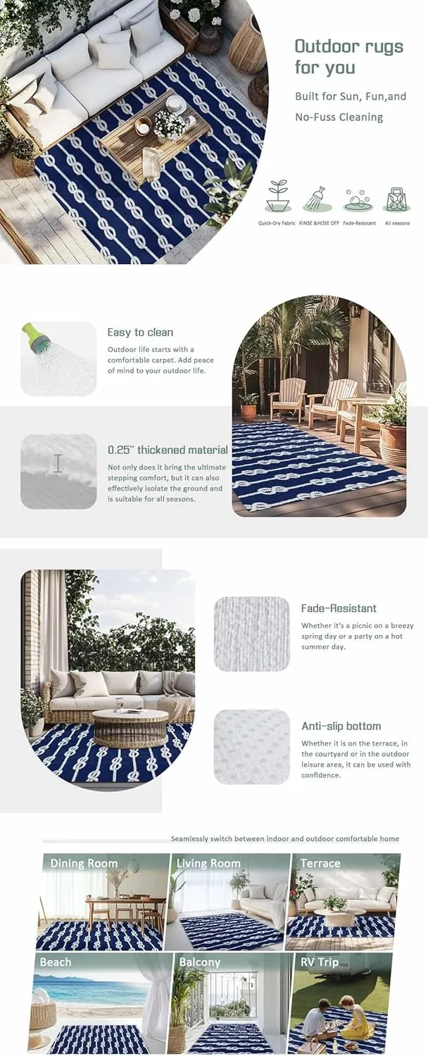 Navy Blue Knot Outdoor Rug 4x6ft Large Patio Rug, Washable RV Camping Outside Area Runner Rug Mat, Nautical Striped Monochrome Ocean Indoor Outdoor Carpet for Picnic Backyard Deck Porch Balcony Beach