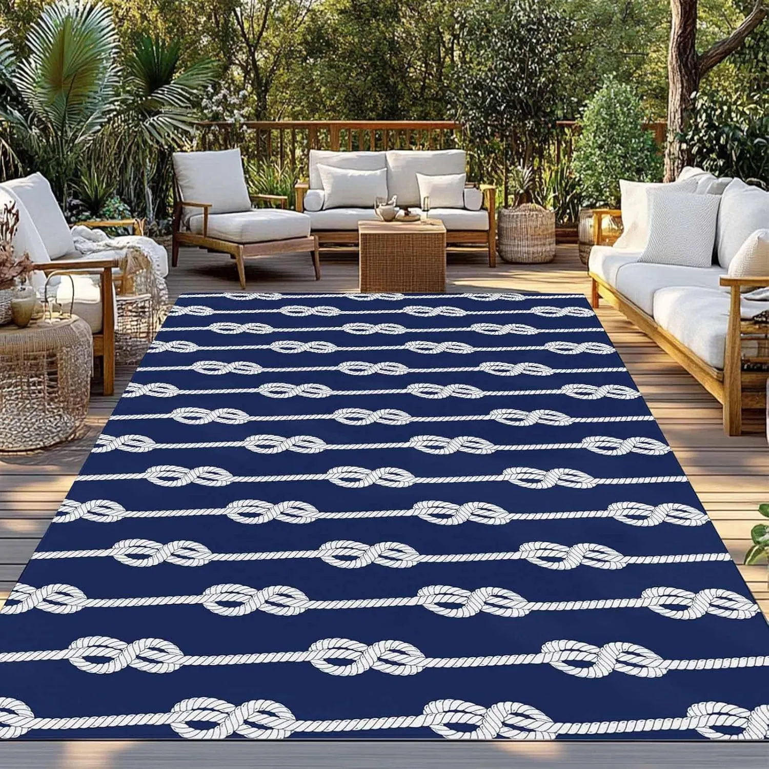 Navy Blue Knot Outdoor Rug 4x6ft Large Patio Rug, Washable RV Camping Outside Area Runner Rug Mat, Nautical Striped Monochrome Ocean Indoor Outdoor Carpet for Picnic Backyard Deck Porch Balcony Beach