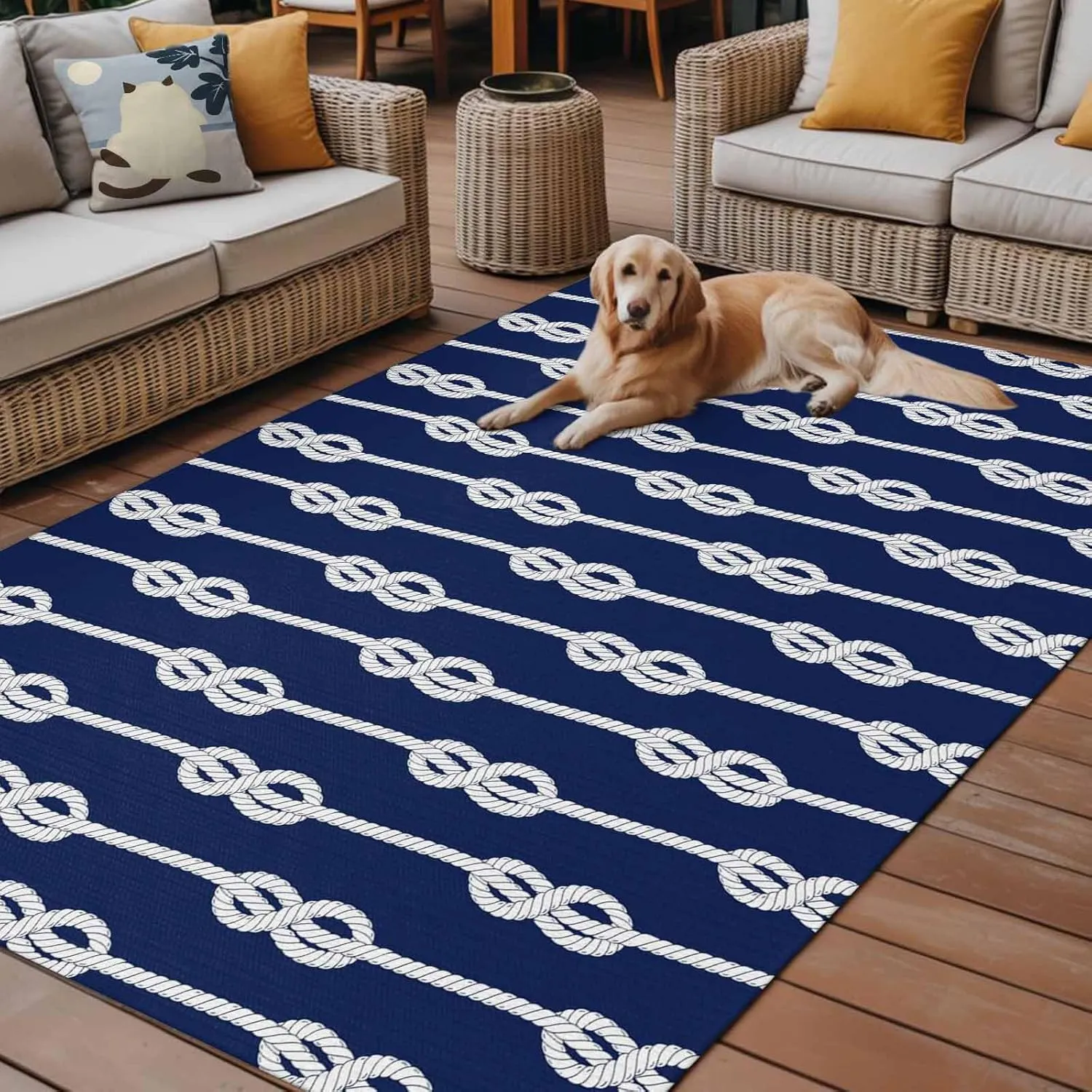 Navy Blue Knot Outdoor Rug 4x6ft Large Patio Rug, Washable RV Camping Outside Area Runner Rug Mat, Nautical Striped Monochrome Ocean Indoor Outdoor Carpet for Picnic Backyard Deck Porch Balcony Beach