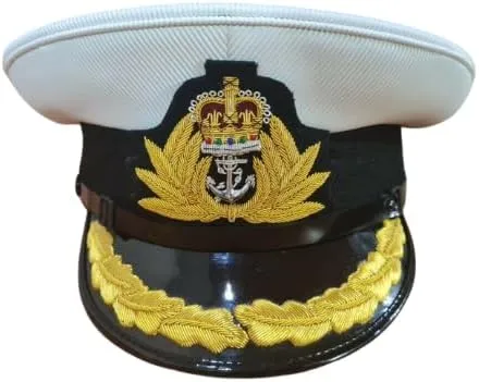 Navy Officer's Cap with Gold Embroidered Anchor and Leaf Emblem, White