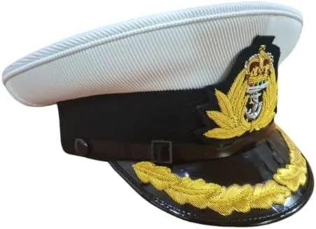 Navy Officer's Cap with Gold Embroidered Anchor and Leaf Emblem, White