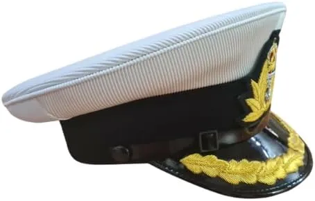 Navy Officer's Cap with Gold Embroidered Anchor and Leaf Emblem, White