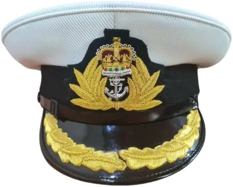 Navy Officer's Cap with Gold Embroidered Anchor and Leaf Emblem, White
