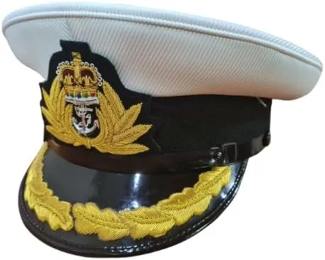 Navy Officer's Cap with Gold Embroidered Anchor and Leaf Emblem, White