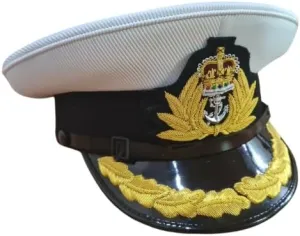 Navy Officer's Cap with Gold Embroidered Anchor and Leaf Emblem, White