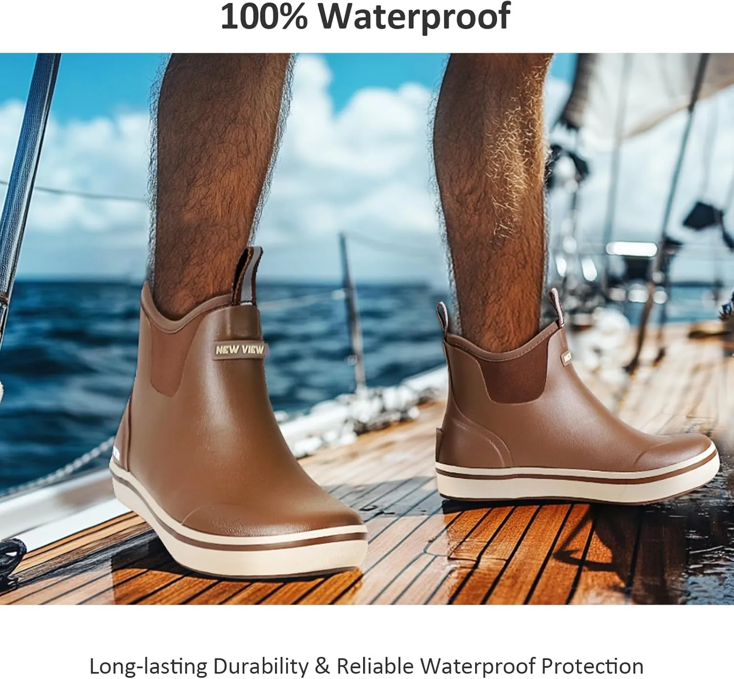 NEW VIEW Deck Boots for Men, Waterproof Slip-Resistant Fishing Boots with Breathable Neoprene Lining, Rubber Ankle Deck Boots, for Fishing Raining Wading, Size 8-12