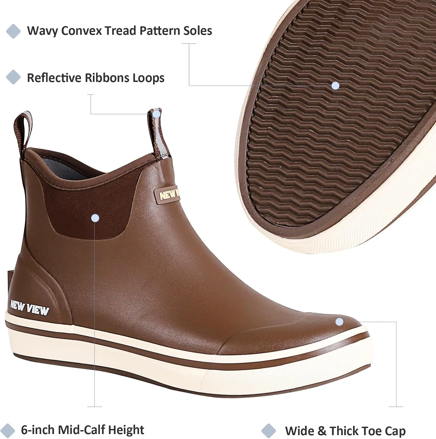 NEW VIEW Deck Boots for Men, Waterproof Slip-Resistant Fishing Boots with Breathable Neoprene Lining, Rubber Ankle Deck Boots, for Fishing Raining Wading, Size 8-12
