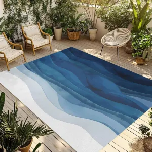 Ocean Blue Waves Outdoor Rug 6x9ft Large Patio Rug,Washable RV Camping Outside Area Runner Rug Mat,Gradient Abstract Geometric Stripes Carpet for Picnic Backyard Deck Porch Balcony Beach & Indoor