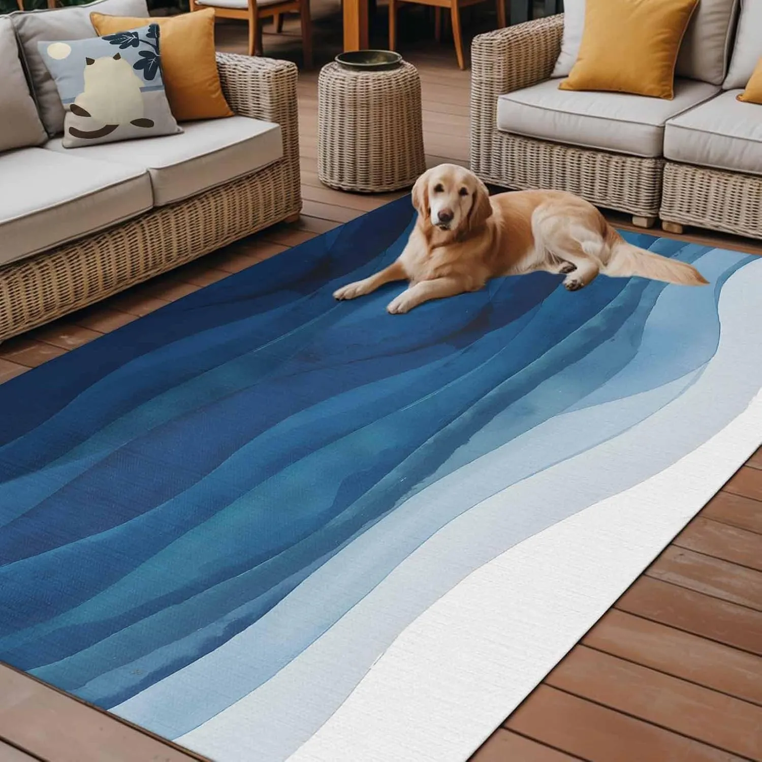 Ocean Blue Waves Outdoor Rug 6x9ft Large Patio Rug,Washable RV Camping Outside Area Runner Rug Mat,Gradient Abstract Geometric Stripes Carpet for Picnic Backyard Deck Porch Balcony Beach & Indoor