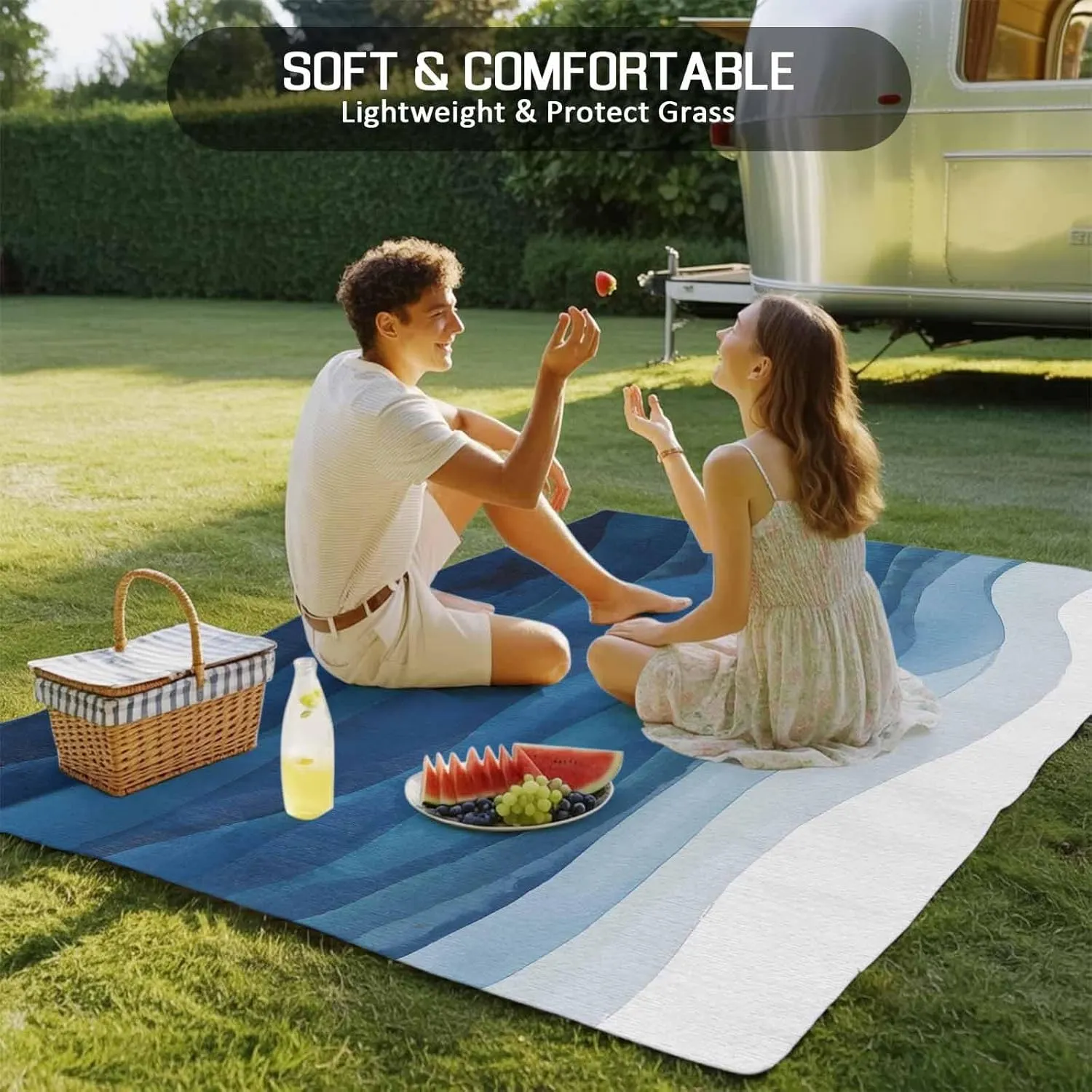 Ocean Blue Waves Outdoor Rug 6x9ft Large Patio Rug,Washable RV Camping Outside Area Runner Rug Mat,Gradient Abstract Geometric Stripes Carpet for Picnic Backyard Deck Porch Balcony Beach & Indoor