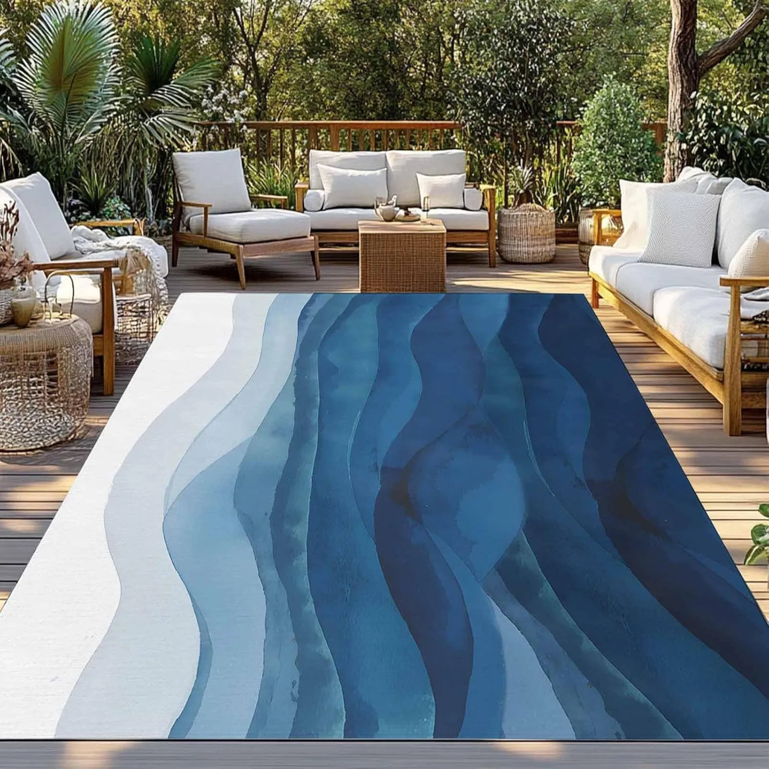 Ocean Blue Waves Outdoor Rug 6x9ft Large Patio Rug,Washable RV Camping Outside Area Runner Rug Mat,Gradient Abstract Geometric Stripes Carpet for Picnic Backyard Deck Porch Balcony Beach & Indoor