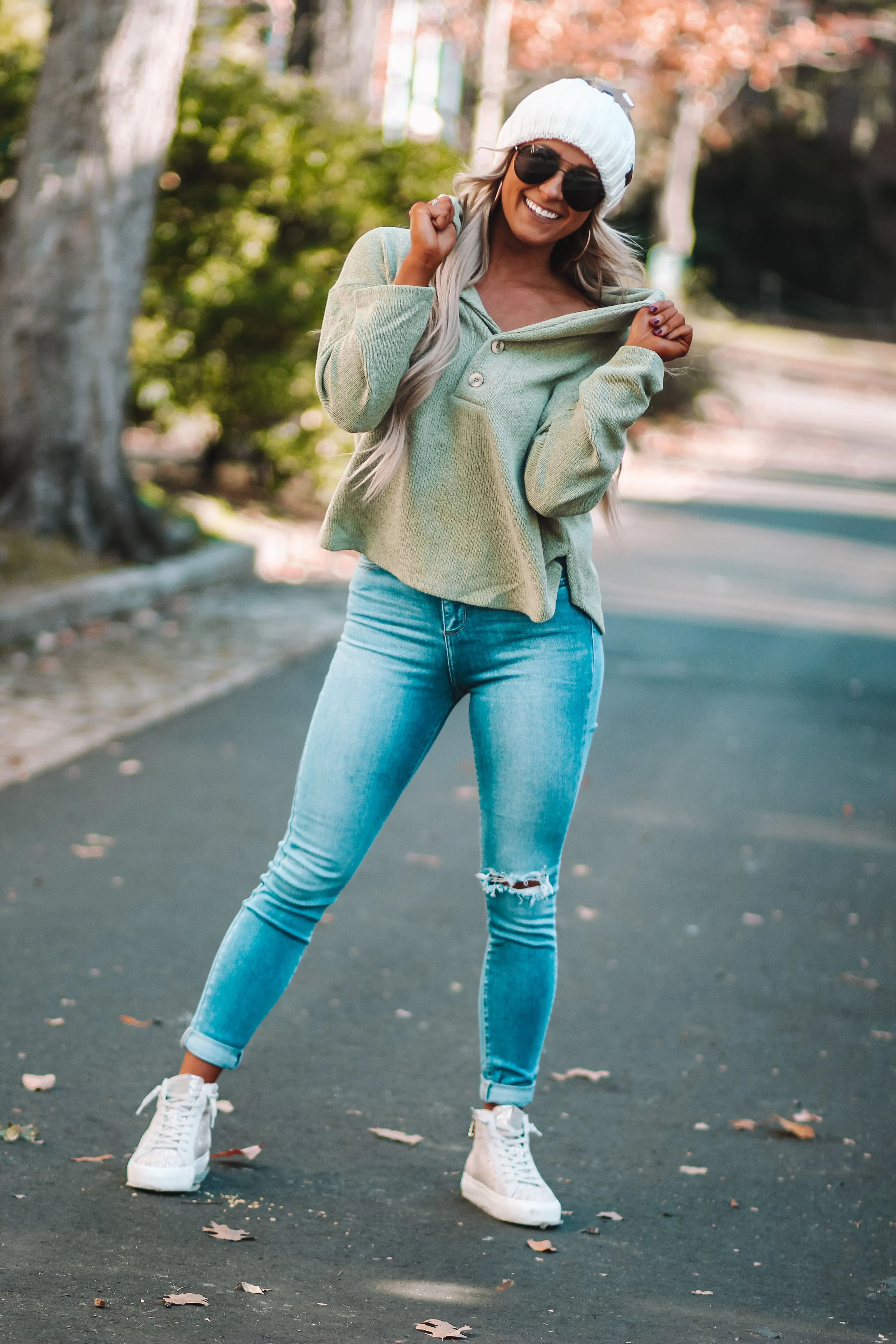 Olive Knit Henley Hooded Top