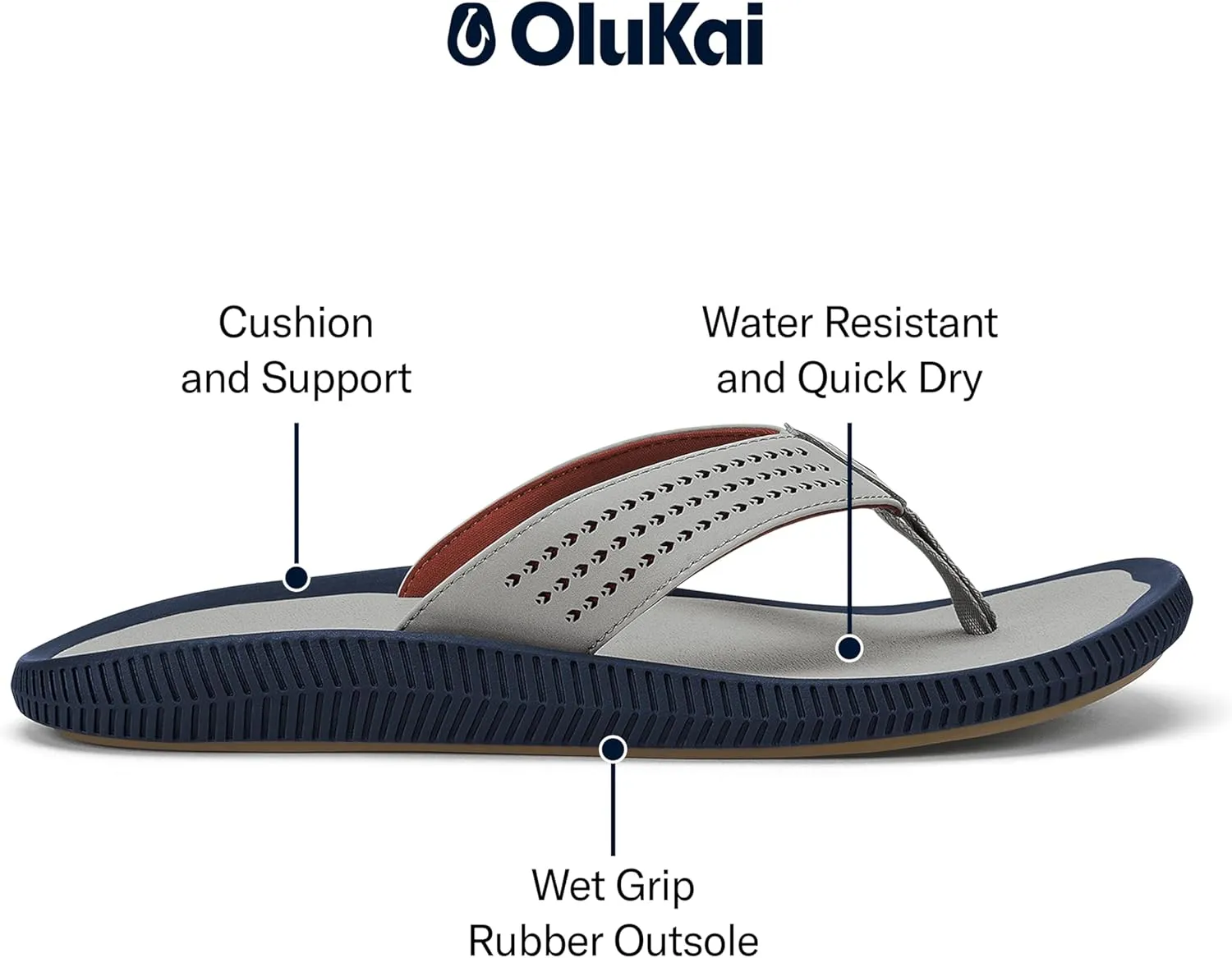 OLUKAI Ulele Men's Beach Sandals, Water Resistant Flip Flops, Arch Support & Comfort Fit, Lightweight & Durable, Enhanced Grip & Traction