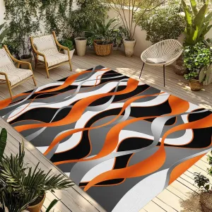 Orange Black Outdoor Patio Rug 5x8ft Large, Washable RV Camping Outside Area Runner Rug Mat, Grey White Geometric Ripple Stripes Indoor Outdoor Carpet for Picnic Backyard Deck Porch Balcony Beach