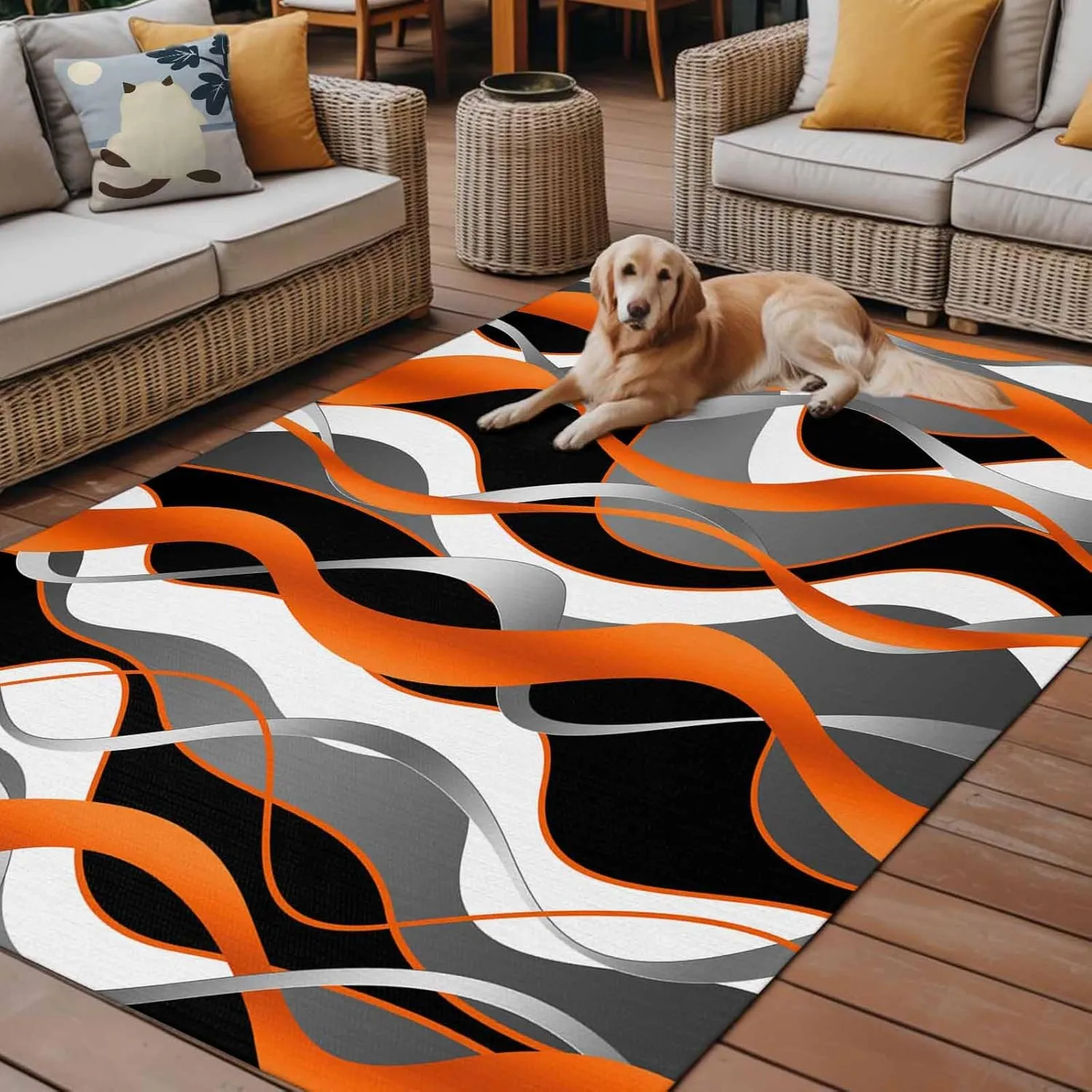 Orange Black Outdoor Patio Rug 5x8ft Large, Washable RV Camping Outside Area Runner Rug Mat, Grey White Geometric Ripple Stripes Indoor Outdoor Carpet for Picnic Backyard Deck Porch Balcony Beach
