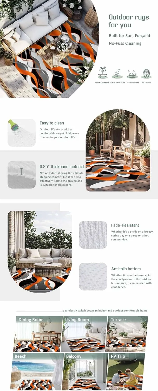 Orange Black Outdoor Patio Rug 5x8ft Large, Washable RV Camping Outside Area Runner Rug Mat, Grey White Geometric Ripple Stripes Indoor Outdoor Carpet for Picnic Backyard Deck Porch Balcony Beach