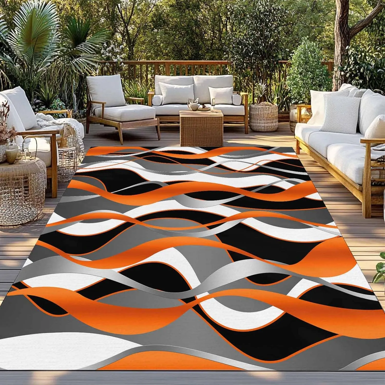 Orange Black Outdoor Patio Rug 5x8ft Large, Washable RV Camping Outside Area Runner Rug Mat, Grey White Geometric Ripple Stripes Indoor Outdoor Carpet for Picnic Backyard Deck Porch Balcony Beach