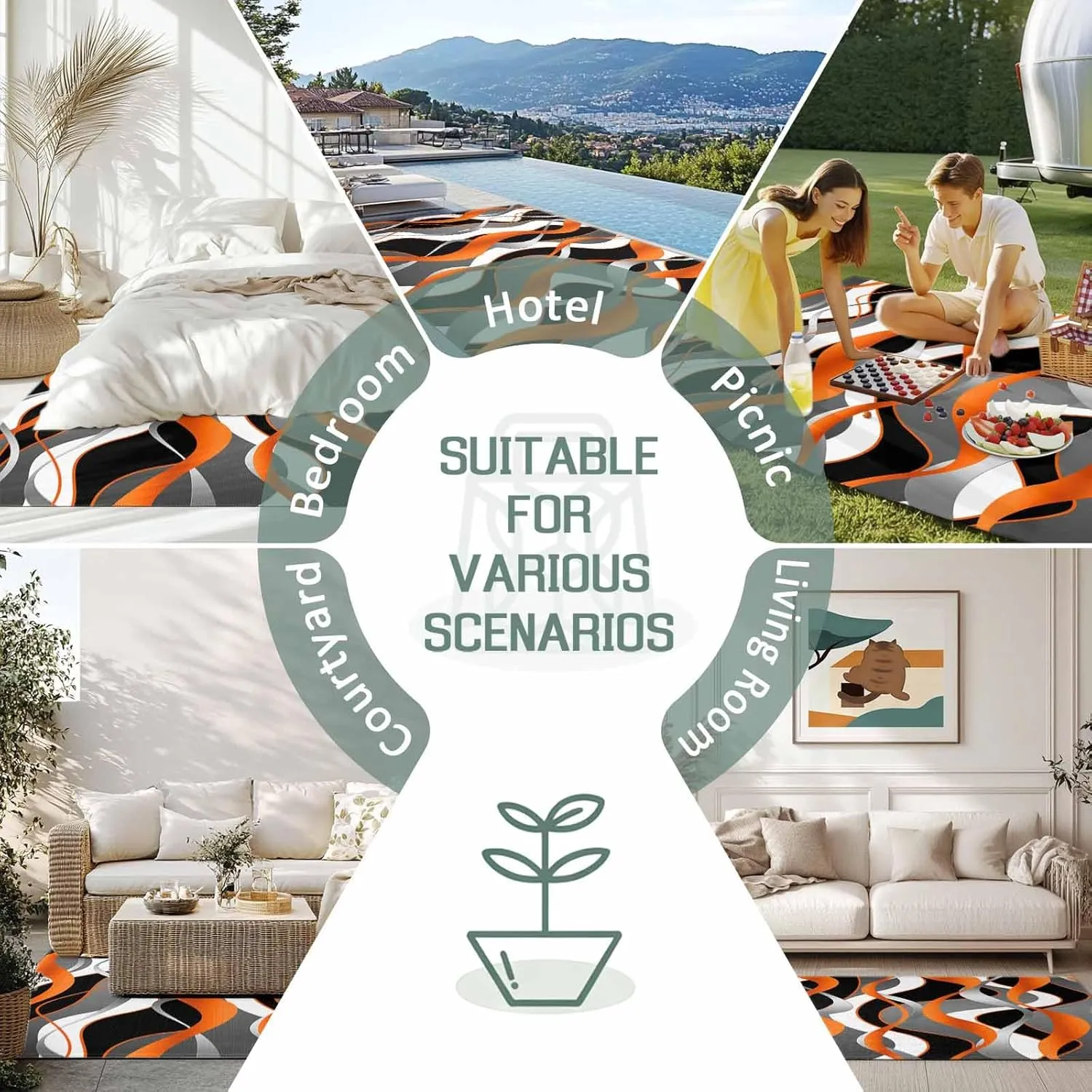 Orange Black Outdoor Patio Rug 5x8ft Large, Washable RV Camping Outside Area Runner Rug Mat, Grey White Geometric Ripple Stripes Indoor Outdoor Carpet for Picnic Backyard Deck Porch Balcony Beach
