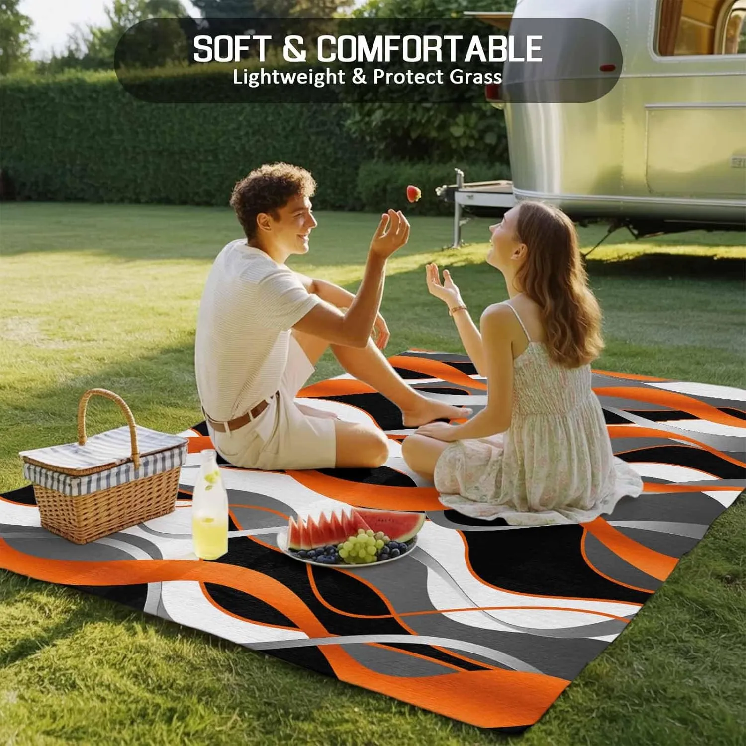Orange Black Outdoor Patio Rug 5x8ft Large, Washable RV Camping Outside Area Runner Rug Mat, Grey White Geometric Ripple Stripes Indoor Outdoor Carpet for Picnic Backyard Deck Porch Balcony Beach