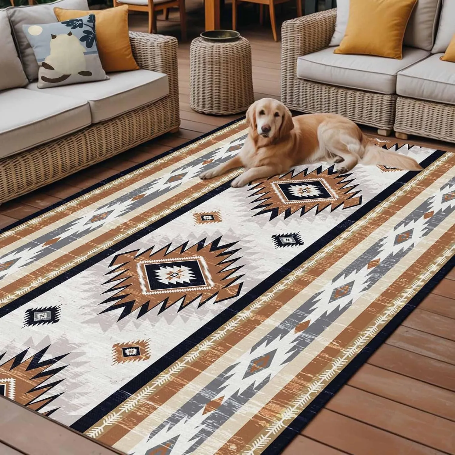 Orange Boho Outdoor Rug 4x6ft Large Patio Rug, Washable RV Camping Outside Area Runner Rug Mat, Geometric Aztec Southwestern Striped Indoor Outdoor Carpet for Picnic Backyard Deck Porch Balcony Beach