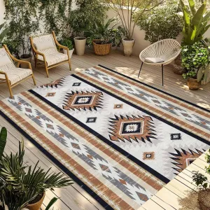 Orange Boho Outdoor Rug 4x6ft Large Patio Rug, Washable RV Camping Outside Area Runner Rug Mat, Geometric Aztec Southwestern Striped Indoor Outdoor Carpet for Picnic Backyard Deck Porch Balcony Beach