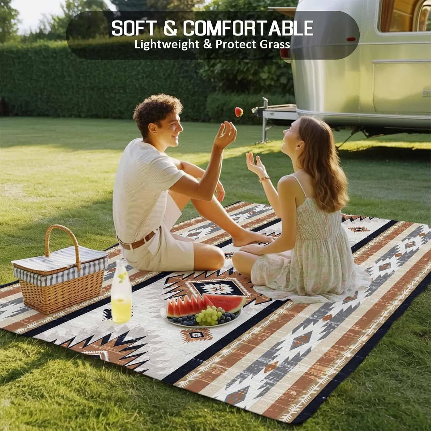 Orange Boho Outdoor Rug 4x6ft Large Patio Rug, Washable RV Camping Outside Area Runner Rug Mat, Geometric Aztec Southwestern Striped Indoor Outdoor Carpet for Picnic Backyard Deck Porch Balcony Beach