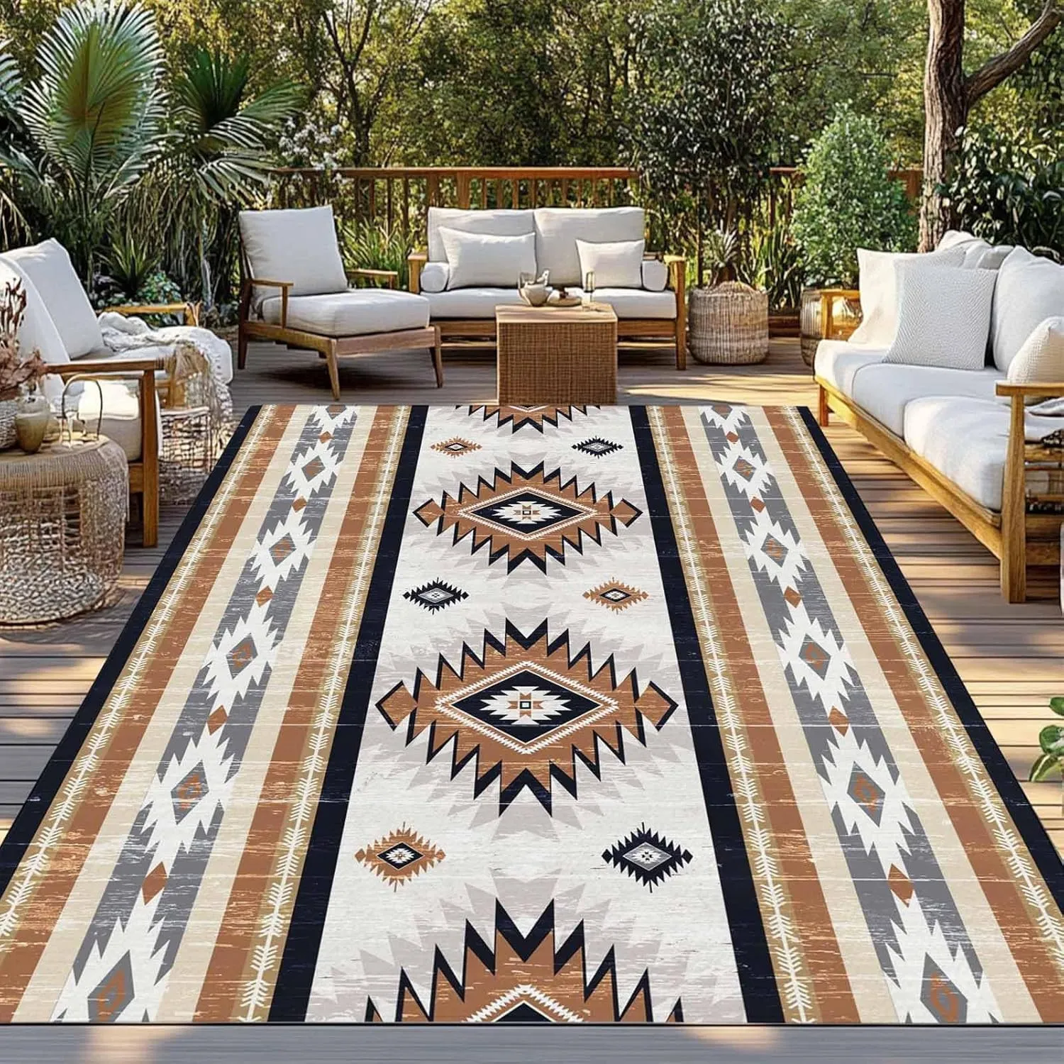 Orange Boho Outdoor Rug 4x6ft Large Patio Rug, Washable RV Camping Outside Area Runner Rug Mat, Geometric Aztec Southwestern Striped Indoor Outdoor Carpet for Picnic Backyard Deck Porch Balcony Beach