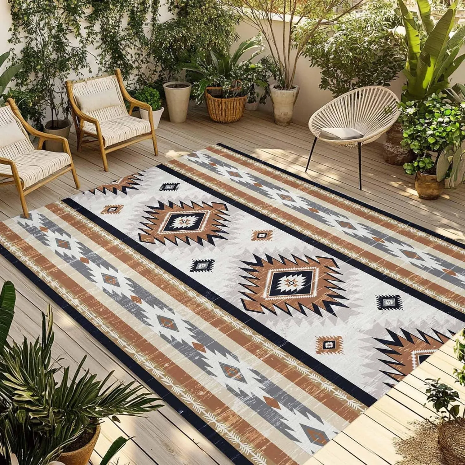 Orange Boho Outdoor Rug 4x6ft Large Patio Rug, Washable RV Camping Outside Area Runner Rug Mat, Geometric Aztec Southwestern Striped Indoor Outdoor Carpet for Picnic Backyard Deck Porch Balcony Beach