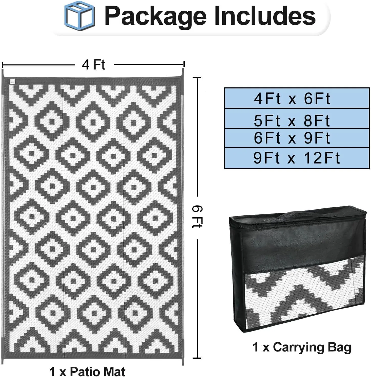 OutdoorLines Outdoor Reversible Rugs for Patio 4x6 ft - Plastic Area Rug, Stain & UV Resistant Portable RV Carpet, Plastic Straw Mats for Porch, Pool Deck and Camping Diamond/Gray & White