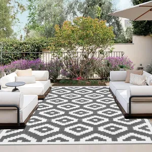 OutdoorLines Outdoor Reversible Rugs for Patio 4x6 ft - Plastic Area Rug, Stain & UV Resistant Portable RV Carpet, Plastic Straw Mats for Porch, Pool Deck and Camping Diamond/Gray & White
