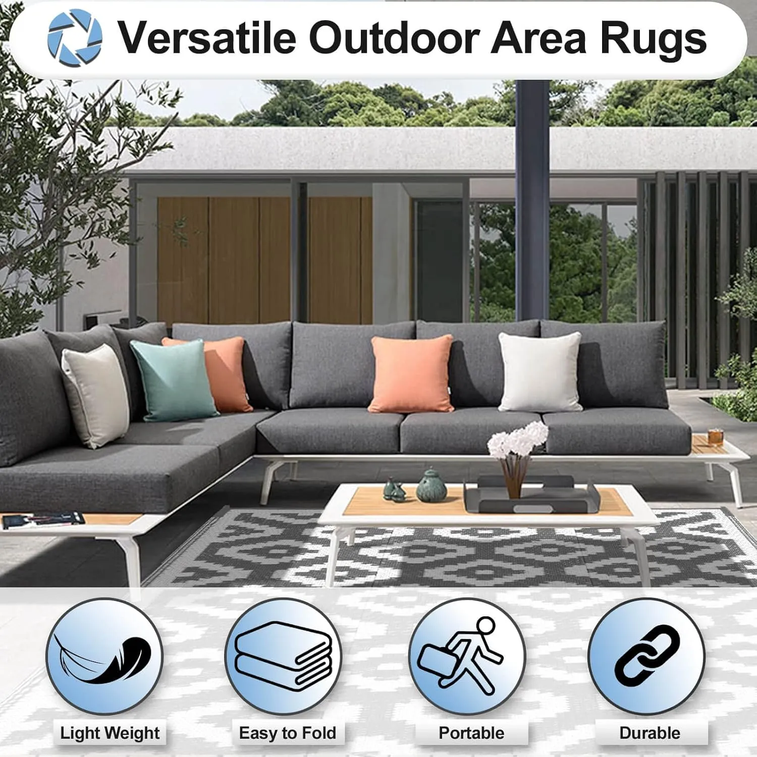 OutdoorLines Outdoor Reversible Rugs for Patio 4x6 ft - Plastic Area Rug, Stain & UV Resistant Portable RV Carpet, Plastic Straw Mats for Porch, Pool Deck and Camping Diamond/Gray & White