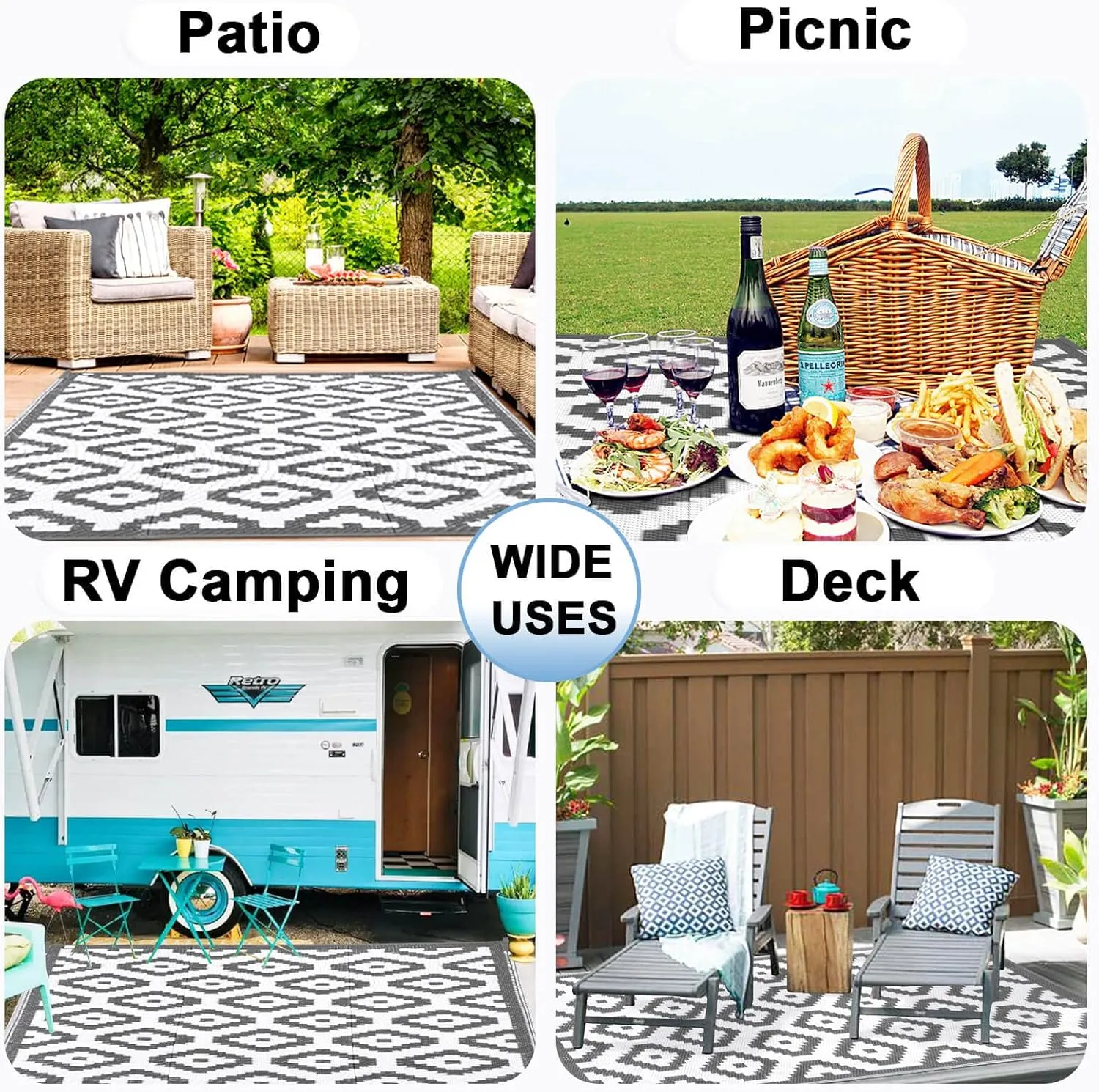 OutdoorLines Outdoor Reversible Rugs for Patio 4x6 ft - Plastic Area Rug, Stain & UV Resistant Portable RV Carpet, Plastic Straw Mats for Porch, Pool Deck and Camping Diamond/Gray & White