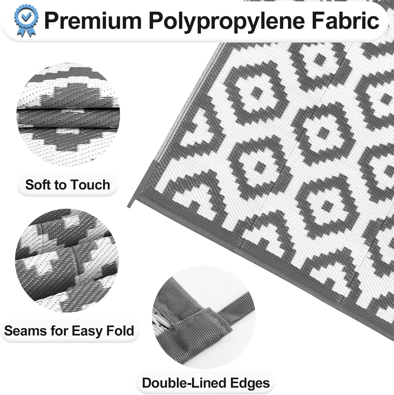 OutdoorLines Outdoor Reversible Rugs for Patio 4x6 ft - Plastic Area Rug, Stain & UV Resistant Portable RV Carpet, Plastic Straw Mats for Porch, Pool Deck and Camping Diamond/Gray & White
