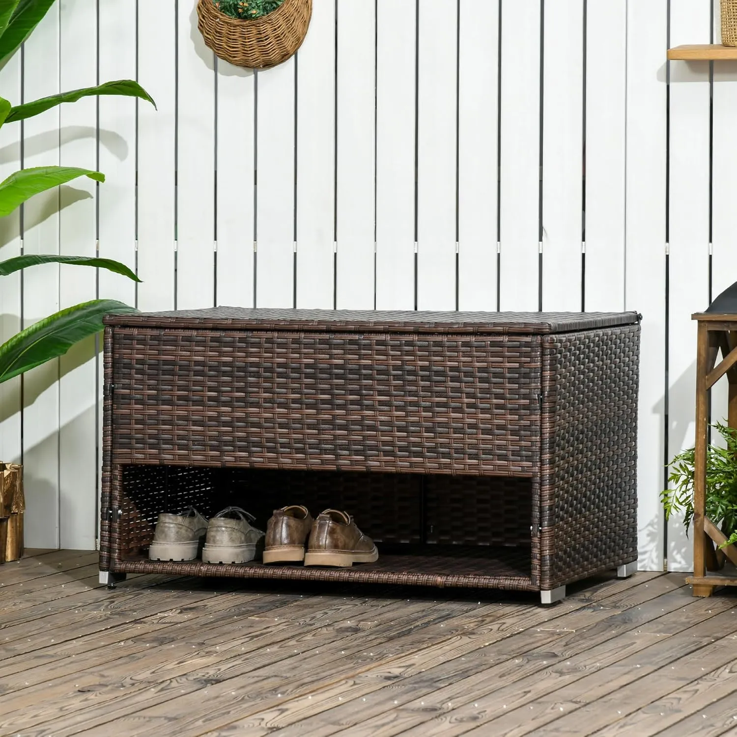 Outsunny Outdoor Deck Box and Shoe Storage, PE Rattan Wicker Towel Rack with Liner for Indoor, Outdoor, Patio Furniture Cushions, Pool, Garden Tools, Brown