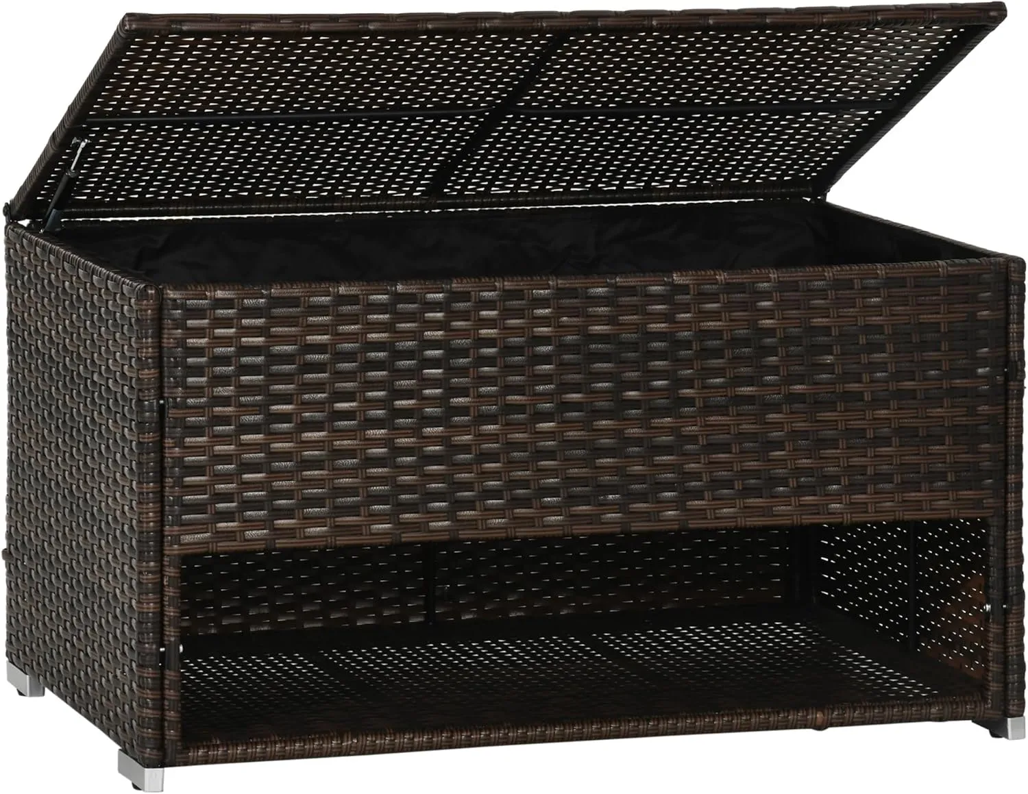 Outsunny Outdoor Deck Box and Shoe Storage, PE Rattan Wicker Towel Rack with Liner for Indoor, Outdoor, Patio Furniture Cushions, Pool, Garden Tools, Brown