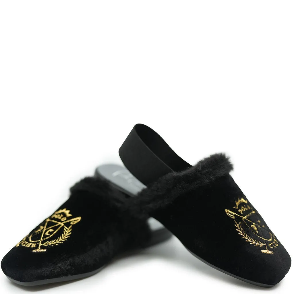 Papanatas Black Velvet Polo Club Embroidered Fur Slingback