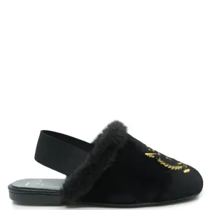 Papanatas Black Velvet Polo Club Embroidered Fur Slingback